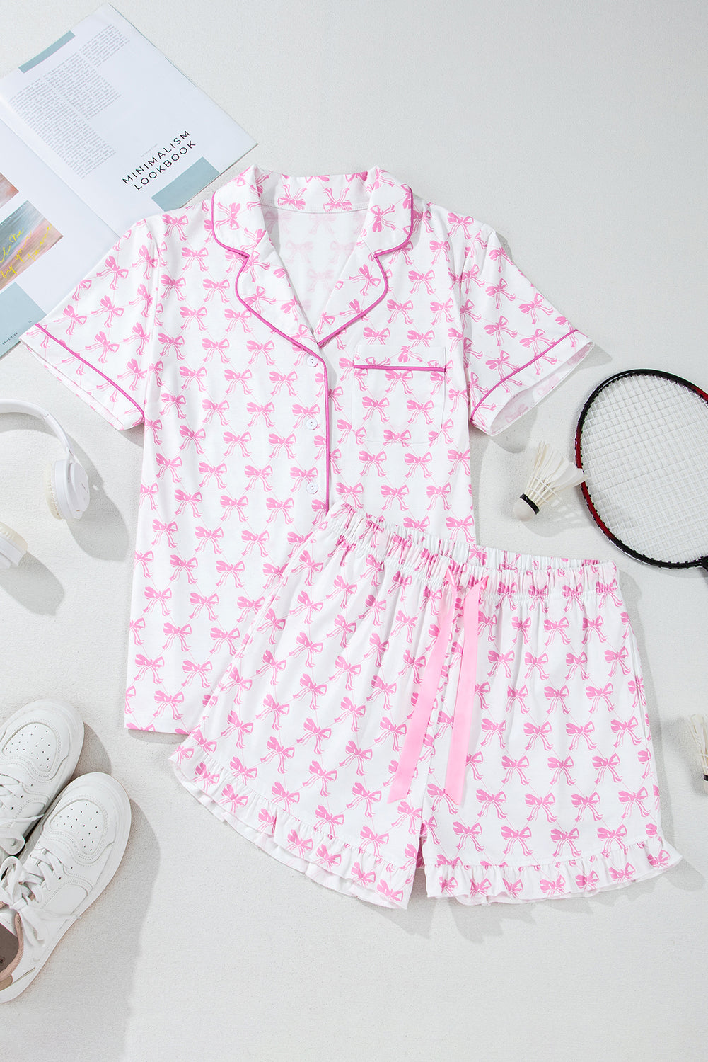 Pink Bowknot Printed Short Sleeve and Ruffled Shorts Valentines Pajama Set Pink 95%Polyester+5%Elastane