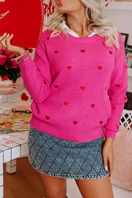 Rose Red Heart Shape Drop Shoulder Round Neck Sweater Rose Red 50%Viscose+28%Polyester+22%Polyamide