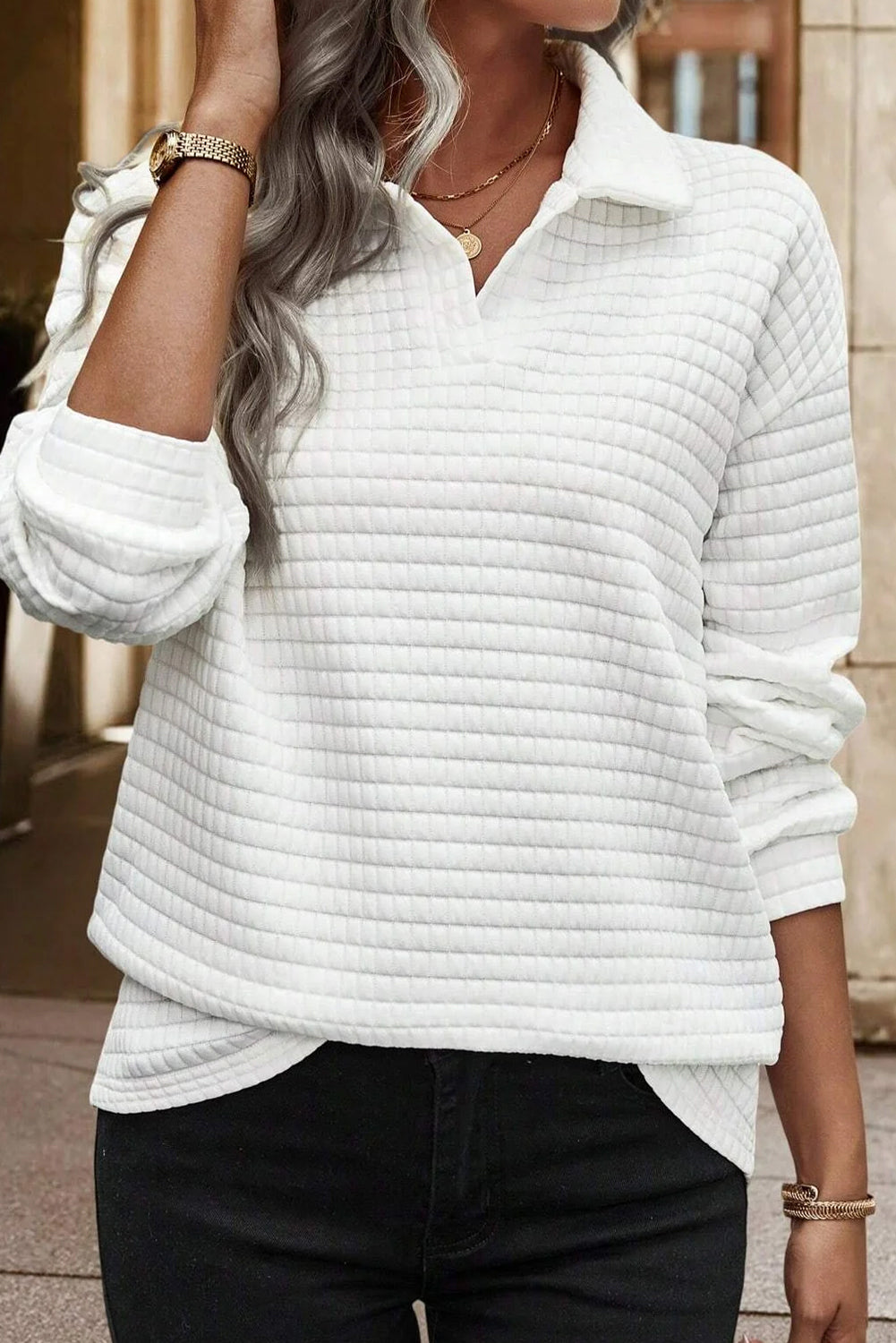 White Quilted Texture Sporty Collared Long Sleeve Top White 97%Polyester+3%Elastane