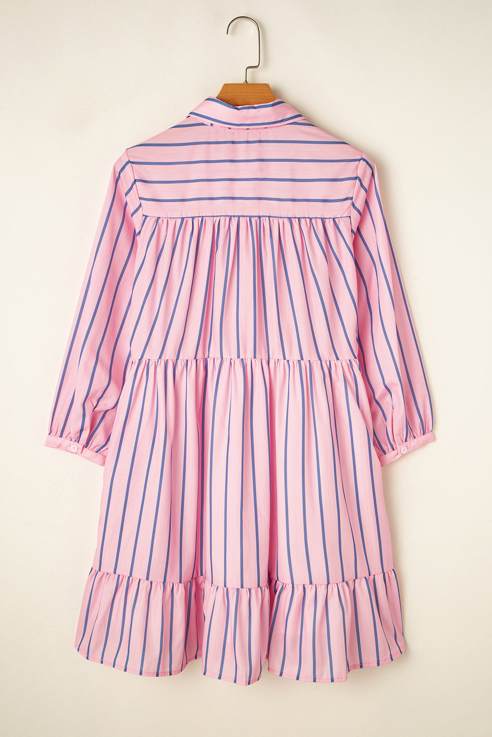 Pink Stripe Ruffled Hem Button-up Collared Shirt Mini Dress